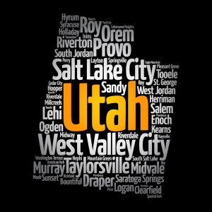 List of cities in Utah USA state, map silhouette word cloud, map